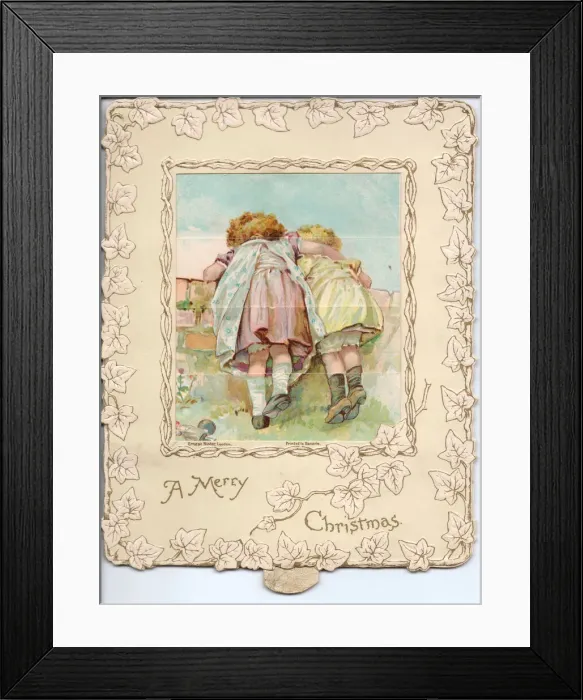 Framed Print : Two children looking over a wall on a Christmas card Framed Print : Two children looking over a wall on a Christmas card