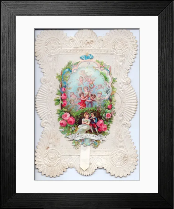 Framed Print : Cherubs and roses on a Christmas card Framed Print : Cherubs and roses on a Christmas card