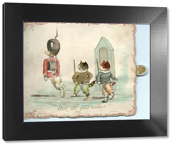 Dog soldier and two cats on a greetings card