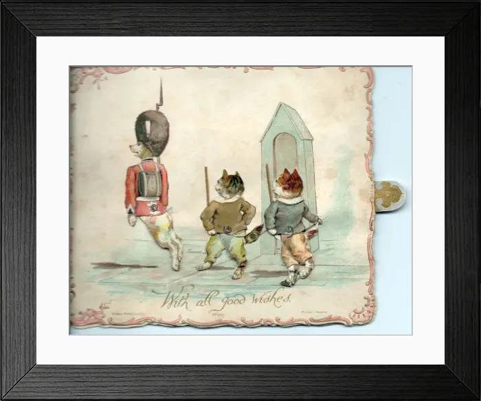 Framed Print : Dog soldier and two cats on a greetings card Framed Print : Dog soldier and two cats on a greetings card