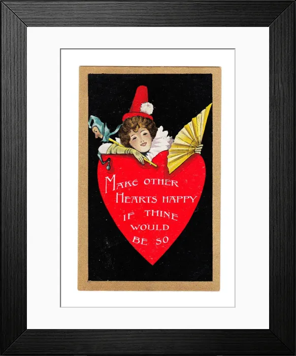 Framed Print : Female clown with red heart on a Valentine postcard Framed Print : Female clown with red heart on a Valentine postcard