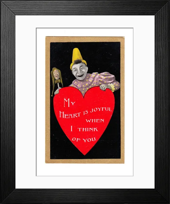 Framed Print : Clown with red heart on a Valentine postcard Framed Print : Clown with red heart on a Valentine postcard