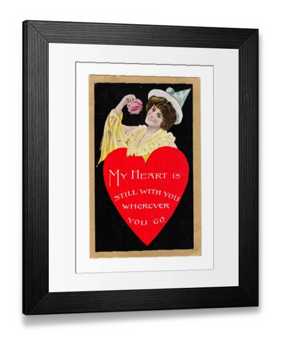 Framed Print : Woman with red heart on a Valentine postcard Framed Print : Woman with red heart on a Valentine postcard