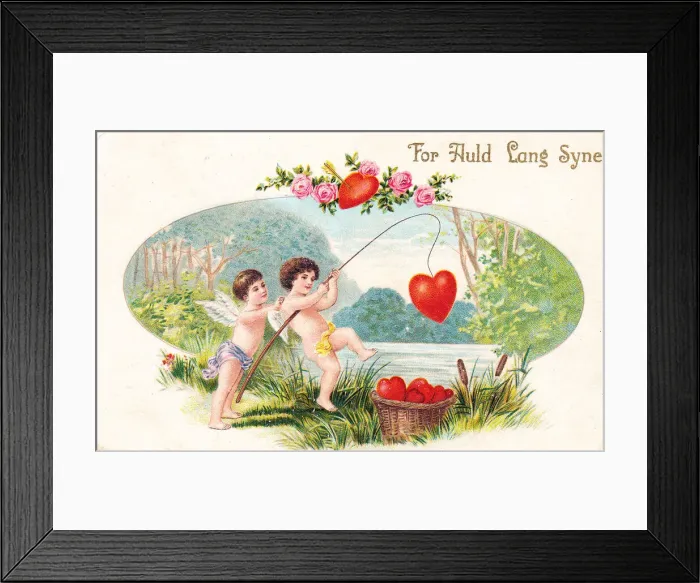 Framed Print : Cupids with red hearts on a New Year postcard Framed Print : Cupids with red hearts on a New Year postcard