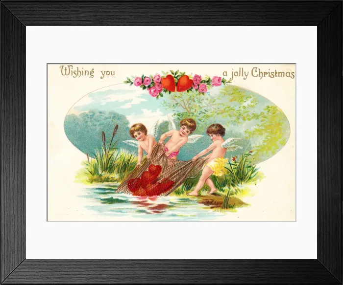 Framed Print : Cupids with red hearts on a Christmas postcard Framed Print : Cupids with red hearts on a Christmas postcard
