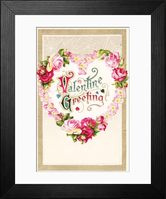 Framed Print : Pink and red roses in a heart shape on a Valentine postcard Framed Print : Pink and red roses in a heart shape on a Valentine postcard