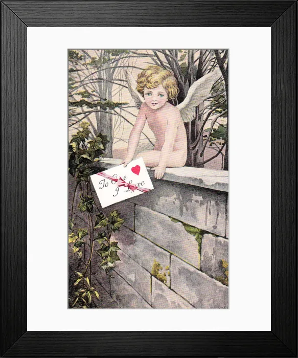 Framed Print : Cupid with envelope on a Valentine postcard Framed Print : Cupid with envelope on a Valentine postcard