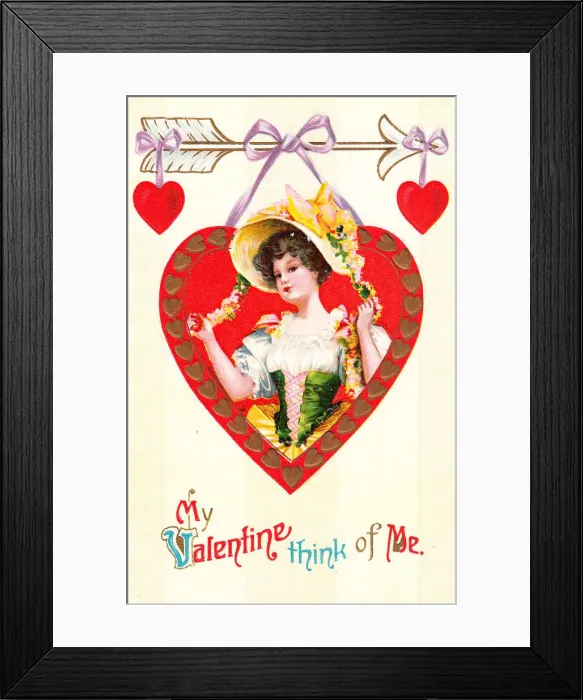 Framed Print : Woman with red hearts on a Valentine postcard Framed Print : Woman with red hearts on a Valentine postcard