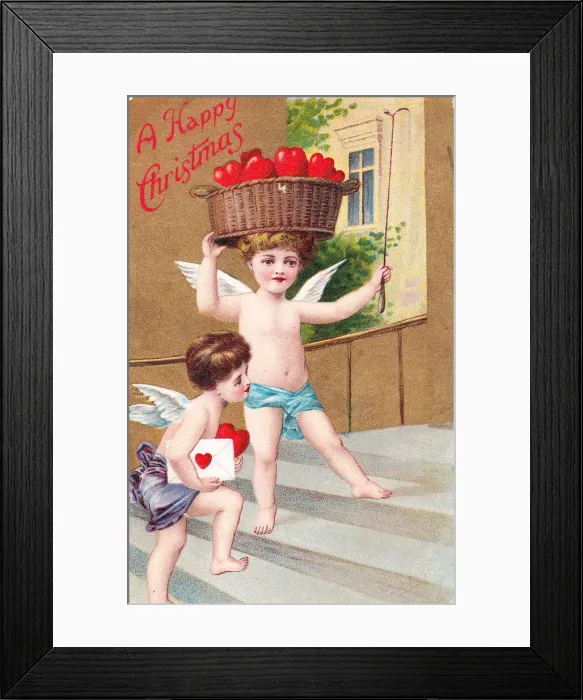 Framed Print : Cupids delivering red hearts on a Christmas postcard Framed Print : Cupids delivering red hearts on a Christmas postcard