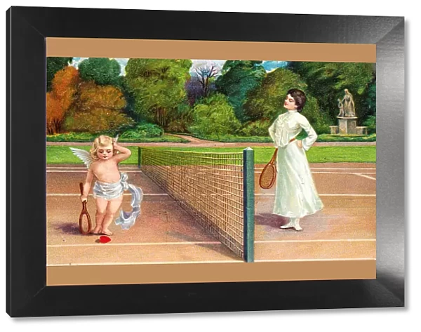 Cupid and woman playing tennis on a Valentine postcard