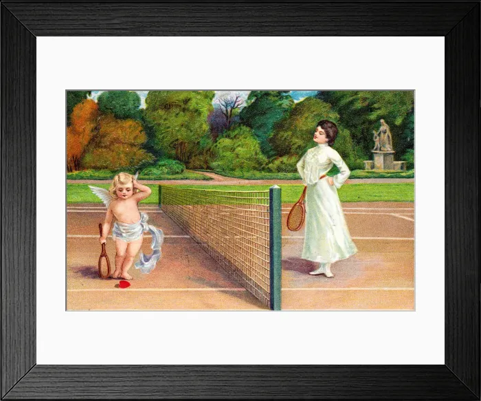 Framed Print : Cupid and woman playing tennis on a Valentine postcard Framed Print : Cupid and woman playing tennis on a Valentine postcard