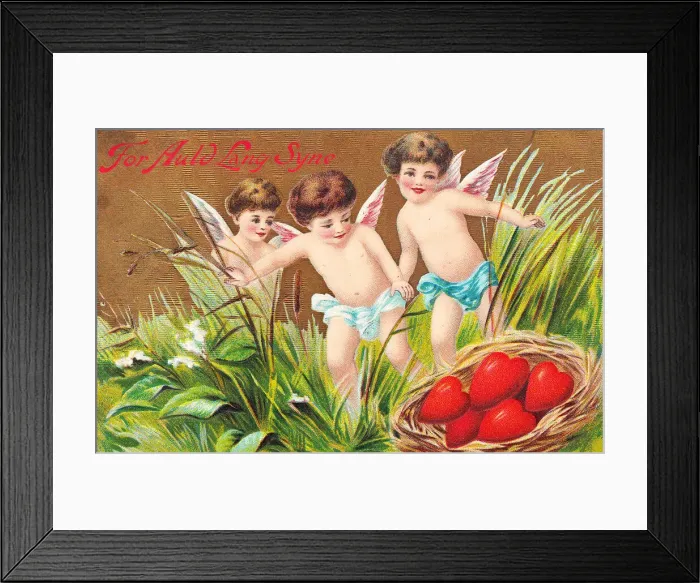 Framed Print : Cupids with red hearts on a New Year postcard Framed Print : Cupids with red hearts on a New Year postcard