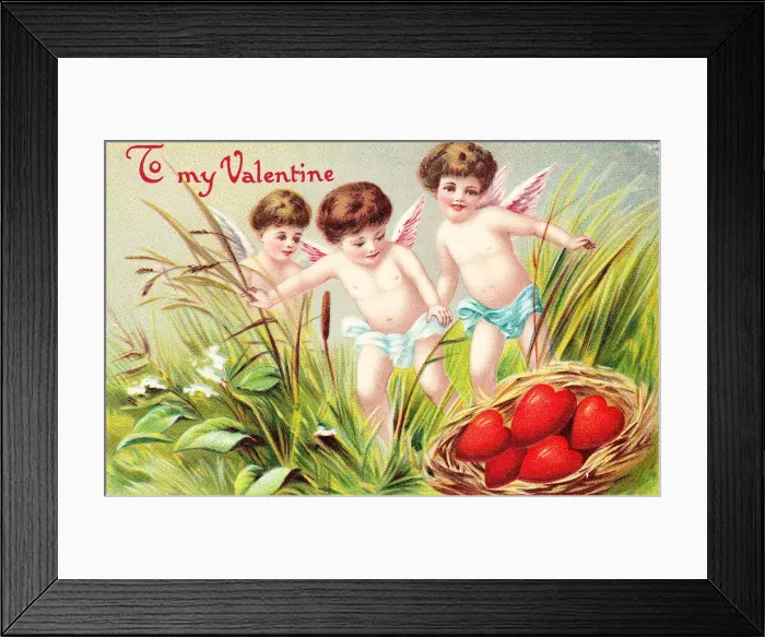 Framed Print : Cupids with red hearts on a Valentine postcard