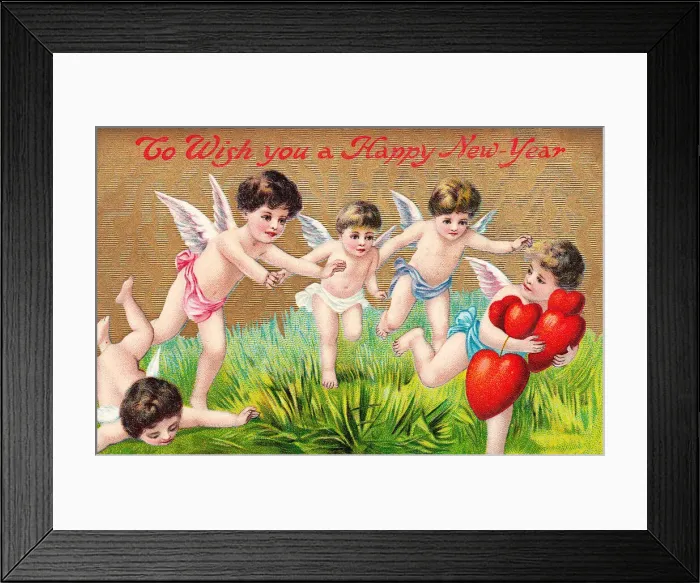 Framed Print : Cupids with red hearts on a New Year postcard Framed Print : Cupids with red hearts on a New Year postcard