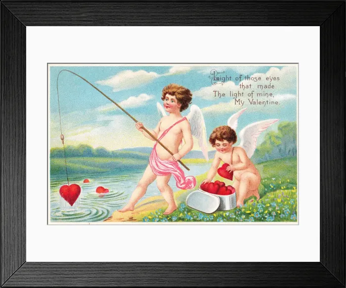 Framed Print : Cupids with red hearts on a Valentine postcard Framed Print : Cupids with red hearts on a Valentine postcard