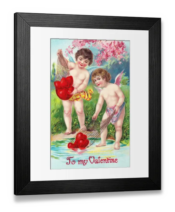 Framed Print : Cupids with red hearts on a Valentine postcard Framed Print : Cupids with red hearts on a Valentine postcard