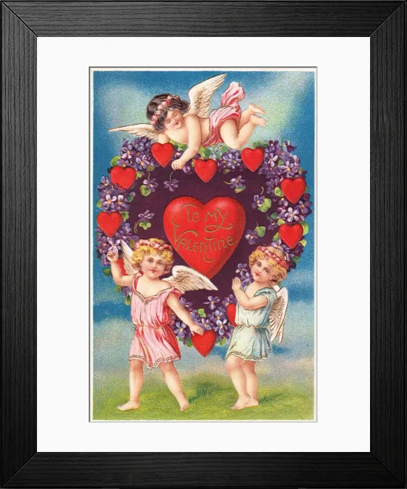 Framed Print : Cupids with hearts and flowers on a Valentine postcard Framed Print : Cupids with hearts and flowers on a Valentine postcard