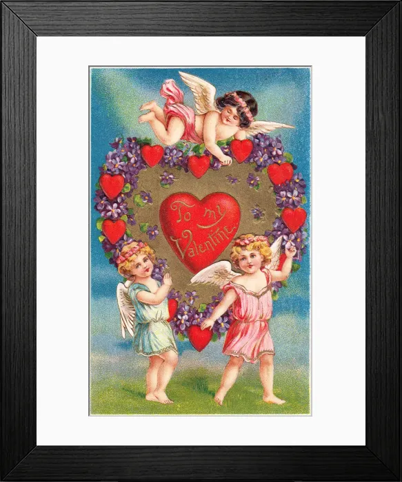Framed Print : Cupids with hearts and flowers on a Valentine postcard Framed Print : Cupids with hearts and flowers on a Valentine postcard
