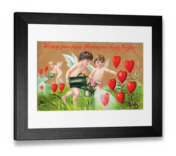 Framed Print : Cupids with red hearts on a Christmas and New Year postcard