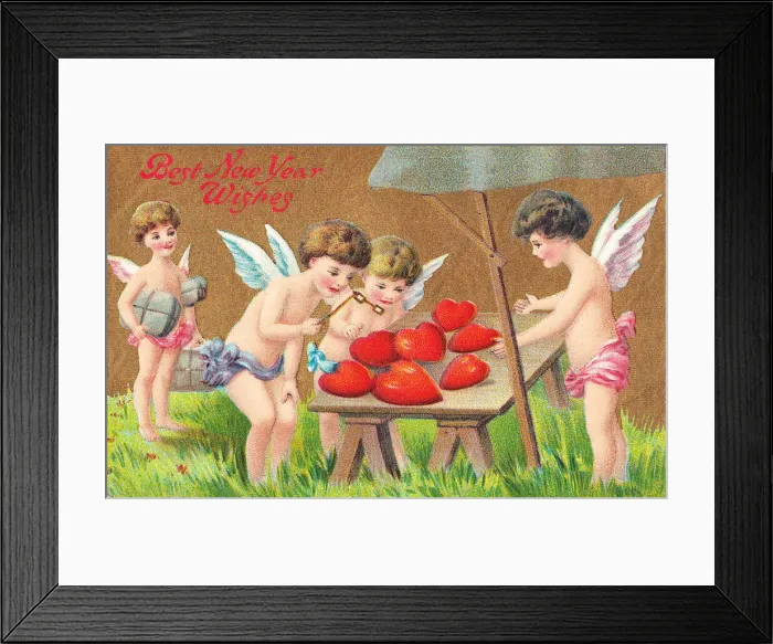 Framed Print : Cupids examining red hearts on a New Year postcard Framed Print : Cupids examining red hearts on a New Year postcard
