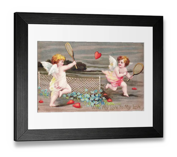 Framed Print : Cupids playing tennis on a Valentine postcard Framed Print : Cupids playing tennis on a Valentine postcard