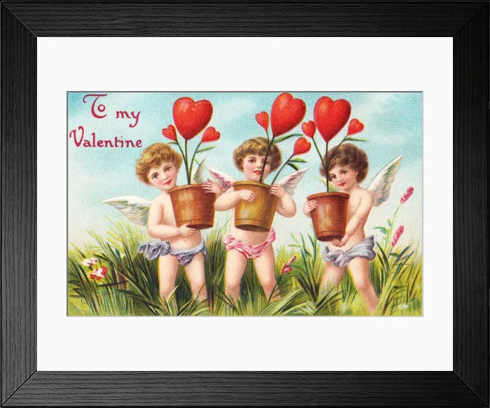 Framed Print : Cupids with red hearts on a Valentine postcard Framed Print : Cupids with red hearts on a Valentine postcard