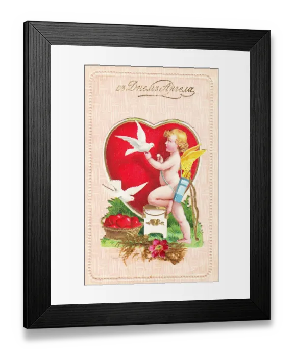 Framed Print : Cupid with hearts and doves on a Valentine postcard Framed Print : Cupid with hearts and doves on a Valentine postcard