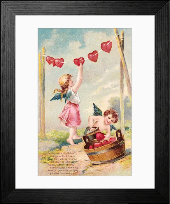 Framed Print : Cupids with red hearts on a Valentine postcard Framed Print : Cupids with red hearts on a Valentine postcard