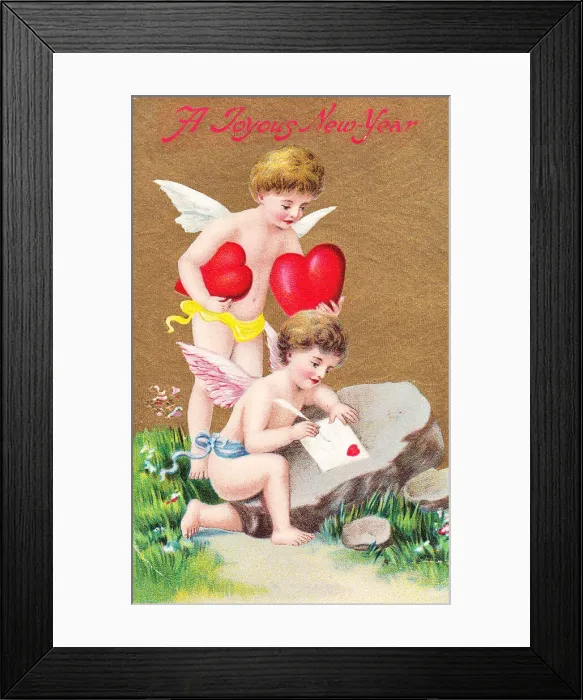 Framed Print : Cupids with red hearts on a New Year postcard Framed Print : Cupids with red hearts on a New Year postcard