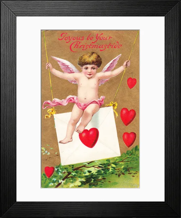 Framed Print : Cupid with red hearts on a Christmas postcard