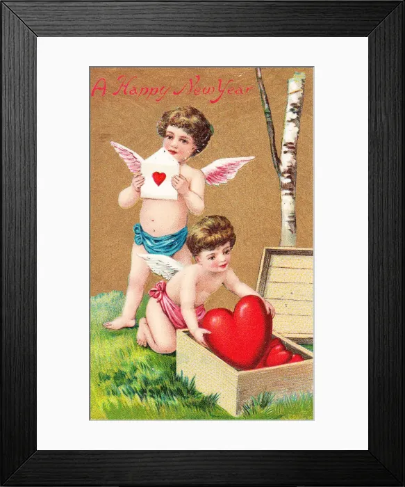 Framed Print : Cupids with red hearts on a New Year postcard Framed Print : Cupids with red hearts on a New Year postcard