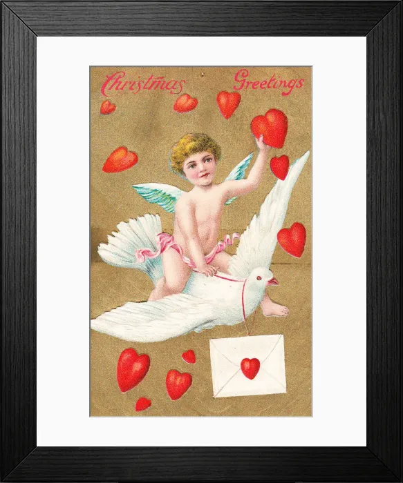 Framed Print : Cupid with red hearts on a Christmas postcard Framed Print : Cupid with red hearts on a Christmas postcard