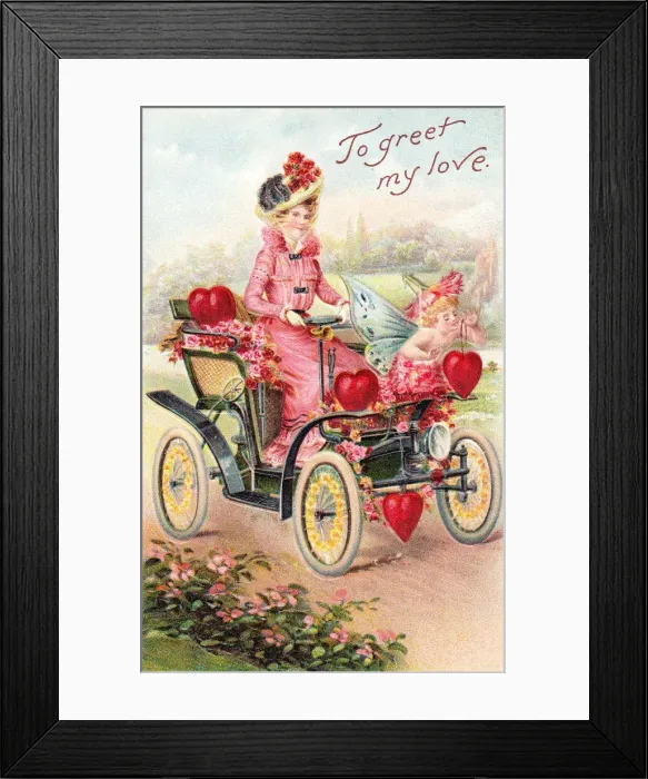 Framed Print : Cupid and woman in a car on a Valentine postcard Framed Print : Cupid and woman in a car on a Valentine postcard