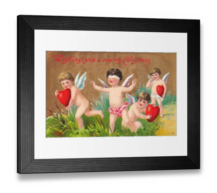 Framed Print : Cupids with red hearts on a Christmas postcard Framed Print : Cupids with red hearts on a Christmas postcard