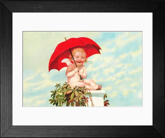 Framed Print : Cupid with red parasol on a Valentine postcard Framed Print : Cupid with red parasol on a Valentine postcard