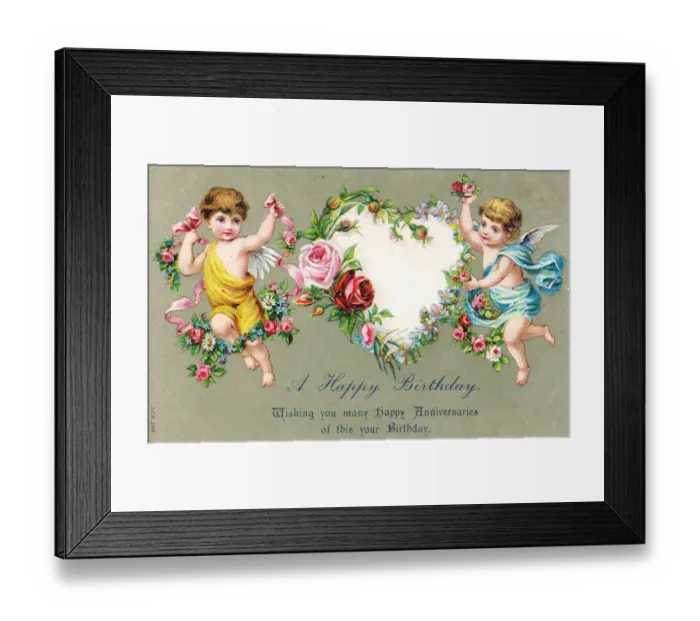Framed Print : Cupids with flowers on a birthday postcard Framed Print : Cupids with flowers on a birthday postcard