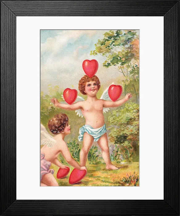 Framed Print : Cupids playing with red hearts on a Valentine postcard Framed Print : Cupids playing with red hearts on a Valentine postcard