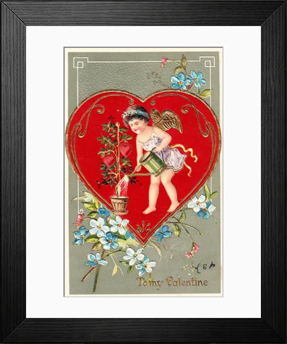 Framed Print : Cupid watering red hearts on a Valentine postcard Framed Print : Cupid watering red hearts on a Valentine postcard
