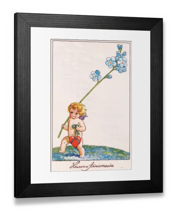 Framed Print : Cupid with blue flowers on a French birthday postcard Framed Print : Cupid with blue flowers on a French birthday postcard