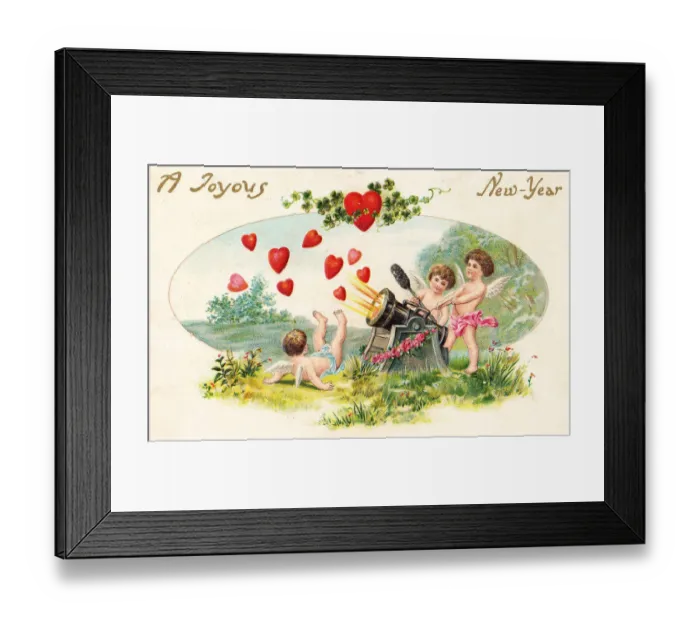 Framed Print : Cupids with red hearts and cannon on a New Year postcard Framed Print : Cupids with red hearts and cannon on a New Year postcard
