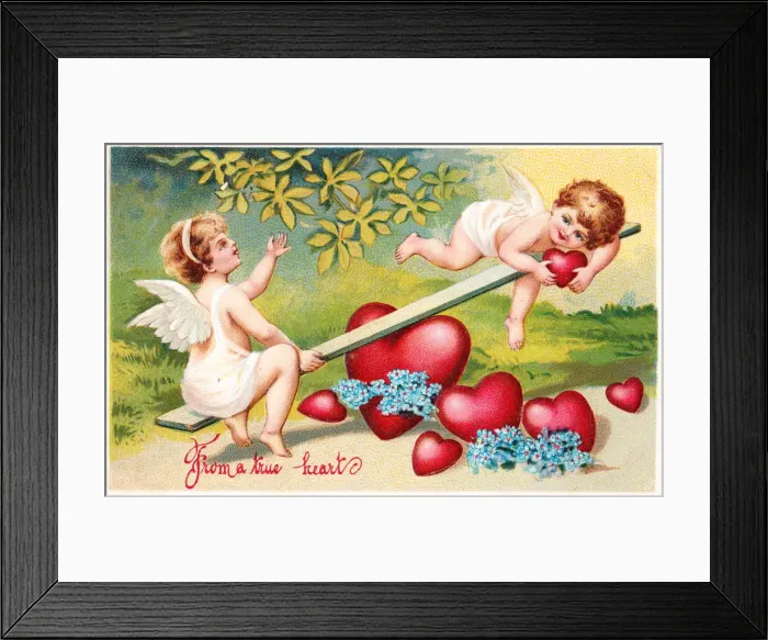 Framed Print : Cupids on a seesaw on a Valentine postcard Framed Print : Cupids on a seesaw on a Valentine postcard