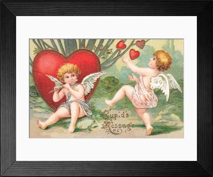 Framed Print : Cupids with red hearts on a Valentine postcard Framed Print : Cupids with red hearts on a Valentine postcard
