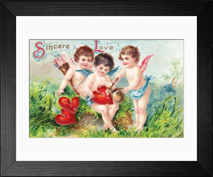 Framed Print : Cupids repairing broken hearts on a Valentine postcard Framed Print : Cupids repairing broken hearts on a Valentine postcard