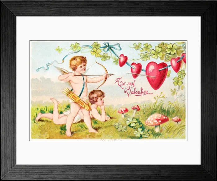 Framed Print : Cupids shooting arrows on a Valentine postcard Framed Print : Cupids shooting arrows on a Valentine postcard