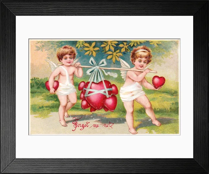 Framed Print : Cupids carrying red hearts on a Valentine postcard Framed Print : Cupids carrying red hearts on a Valentine postcard