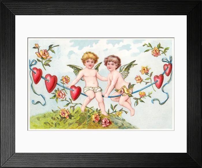 Framed Print : Cupids and red hearts on a Valentine postcard Framed Print : Cupids and red hearts on a Valentine postcard