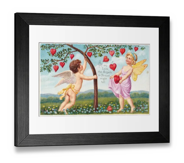 Framed Print : Cupid and fairy with red hearts on a Valentine postcard Framed Print : Cupid and fairy with red hearts on a Valentine postcard