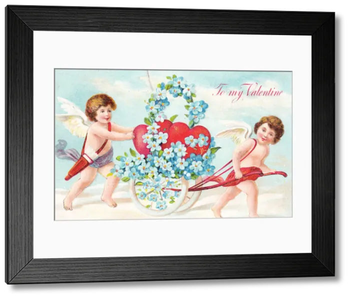 Framed Print : Cupids with hearts and flowers on a Valentine postcard Framed Print : Cupids with hearts and flowers on a Valentine postcard