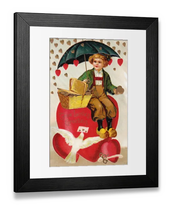 Framed Print : Boy with umbrella and hearts on a Valentine postcard Framed Print : Boy with umbrella and hearts on a Valentine postcard
