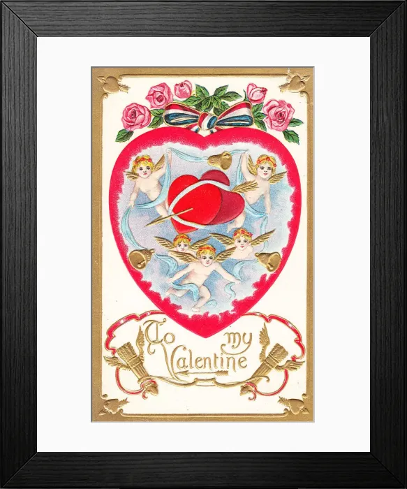 Framed Print : Cupids with hearts and flowers on a Valentine postcard Framed Print : Cupids with hearts and flowers on a Valentine postcard